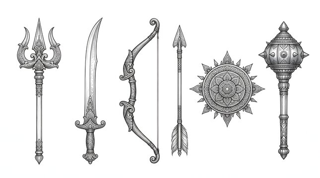 Set of ancient traditional thai weapons and warrior gear illustration