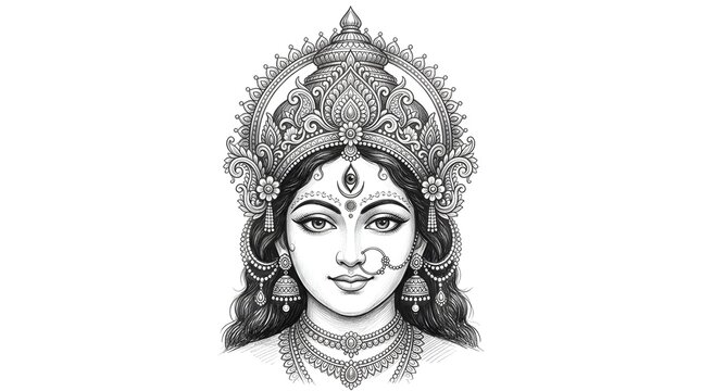 Black and white line art illustration of the hindu goddess durga face