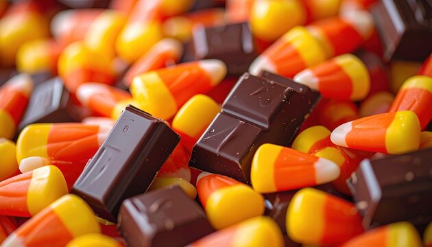 Assorted Halloween candy with orange candy corn and wrapped chocolate bars for festive party celebrations