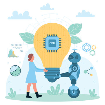 Automation of idea creation, AI support vector illustration. Cartoon tiny person and robot holding big bright light bulb with CPU processor inside together, innovation technology and invention
