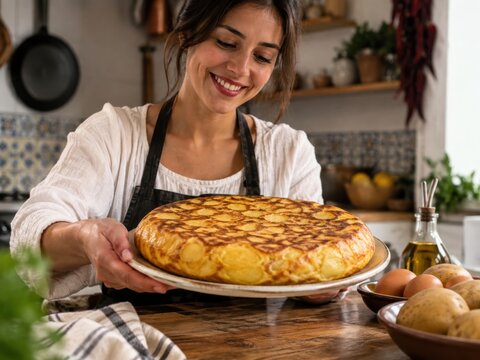 Junge Frau pr&auml;sentiert stolz eine frisch zubereitete spanische Tortilla in einer gem&uuml;tlichen K&uuml;che. Authentische Foodszene mit traditioneller Eierspeise und mediterranem Flair.