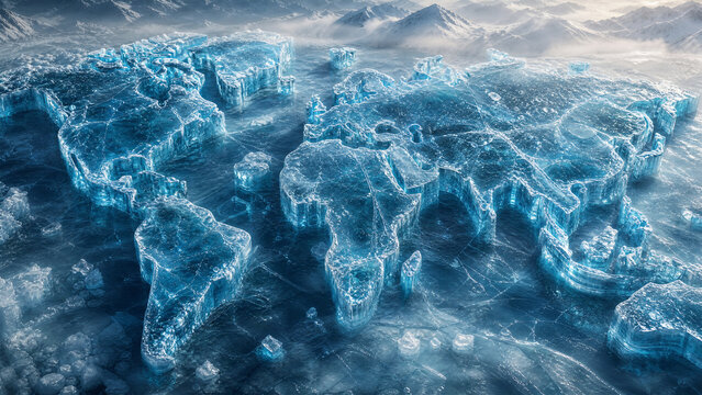 A conceptual world map made of crystalline blue ice blocks floating on a frozen ocean surface