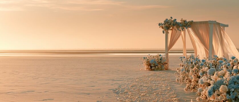 Elegant beach wedding canopy with flowers on sand at golden sunset
