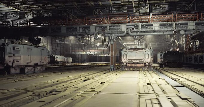 empty military deck interior bathed in low light with worn tracks, rusted bulkheads, distant fixtures and quiet echoing planes suggesting abandoned naval