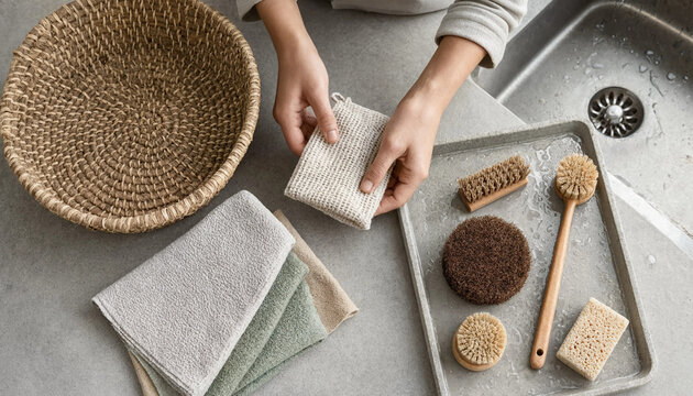 Hands preparing a natural loofah sponge on a tray with wooden cleaning brushes and stacked towels scrubbing brushes cleaning tools bath towels wicker basket cleaning supplies bathroom acc