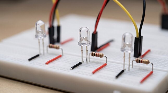 Three clear LEDs with resistors on a white breadboard and jumper wires.