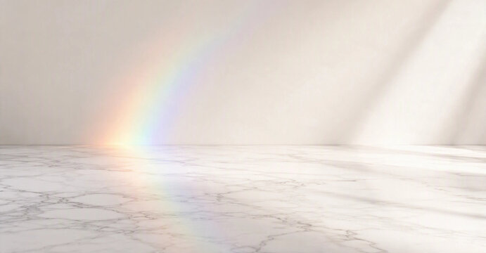 Minimalist white marble floor background with rainbow prism light and soft window shadow
