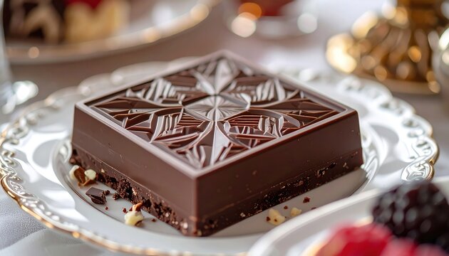 Chocolate square with embossed geometric pattern on elegant dessert table, detailed food photography
