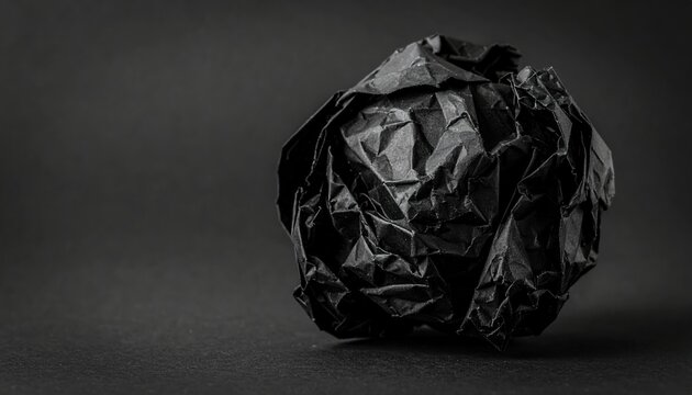 Black crumpled paper ball with rough wrinkled texture for dramatic abstract backgrounds and grunge compositions