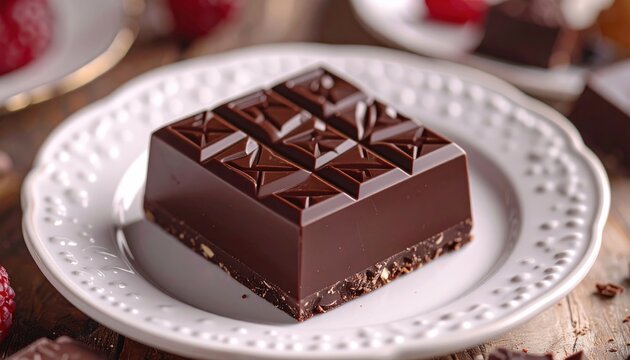 Chocolate square with embossed geometric pattern on elegant dessert table, detailed food photography