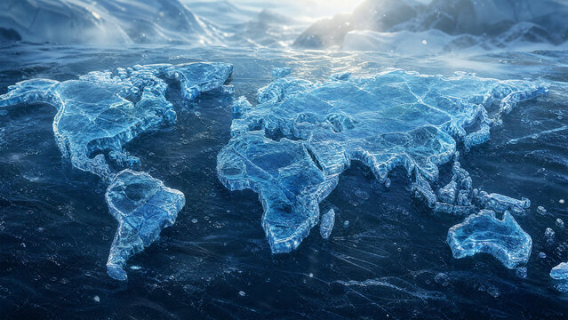 A detailed world map sculpture made of solid frozen blue ice blocks
