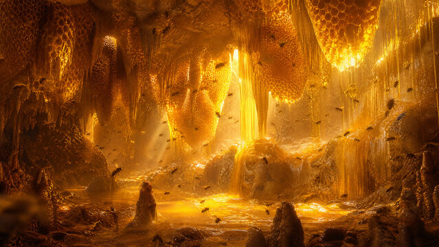 A magical golden honey cave filled with honeycombs and buzzing bees