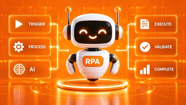 Artificial intelligence robot standing on glowing platform displaying robotic process automation workflow steps from trigger to completion