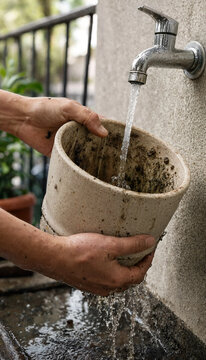 Person washing a dirty ceramic plant pot under a running garden faucet with plant care spring cleaning potted plant home garden domestic life water flow flower pot yard work water tap