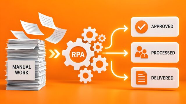 Robotic process automation gear mechanism converting stack of manual paperwork into approved processed and delivered digital tasks
