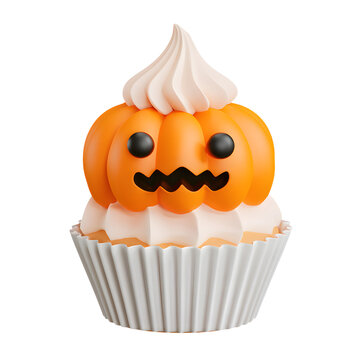 cute 3D cupcake orange pumpkin halloween on transparent background. cutout, PNG file. Cartoon style