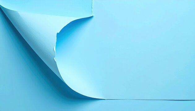 Pale blue paper sheet with partially peeled corner, curled edge and realistic paper texture