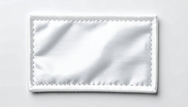 Blank white rectangular fabric patch with stitched borders for garment labeling, textile branding, and apparel design
