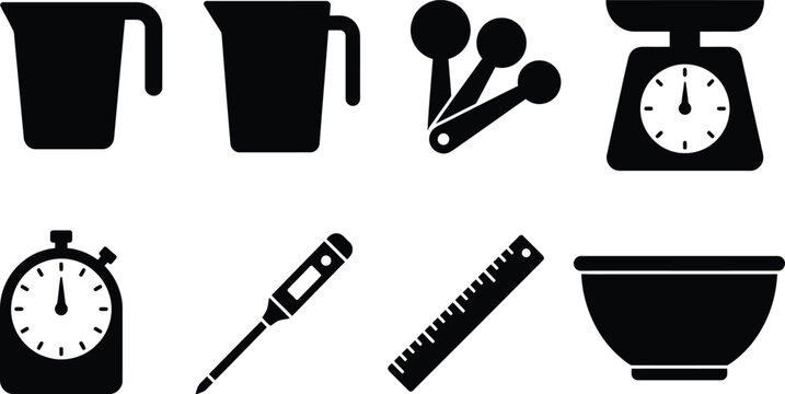 Set of kitchen measurement and baking tools icons with measuring thermometer silhouette culinary