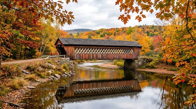 Autumn landscape with covered bridge , Fall And Autumn Season, Halloween, Thanksgiving
