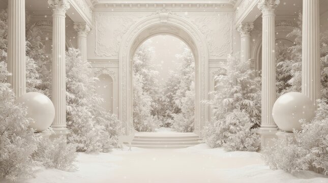Grand classical interior with white columns and arches opening to a snow filled forest with deer in winter wonderland