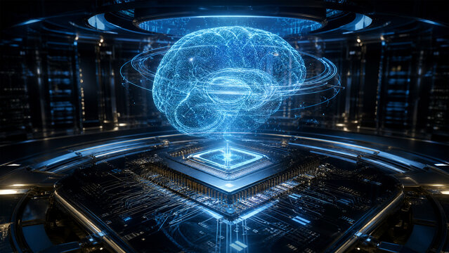 Digital glowing human brain projection hovering over a futuristic computer processor chip