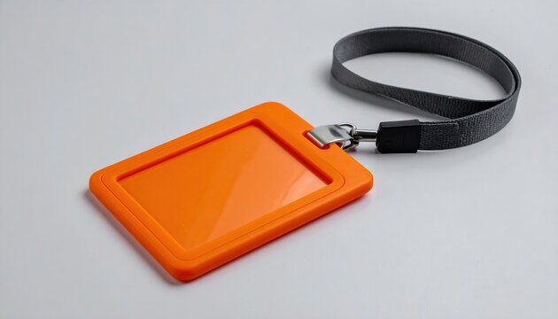 Orange plastic badge protector with gray woven lanyard for corporate security and employee identification