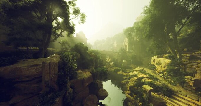 Calm valley of stone terraces with diffuse light, gentle river and dense canopy perfect backdrop for meditation retreat, wellness escape and nature immersion.