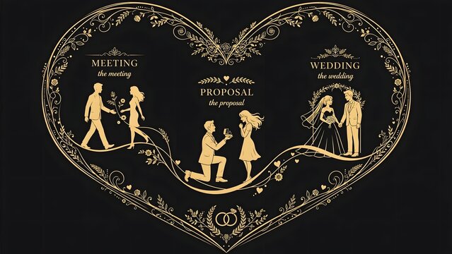 Romantic journey illustration showcasing elegant golden silhouettes of a couple meeting, then participating in a heartfelt marriage proposal, and finally celebrating their wedding day 