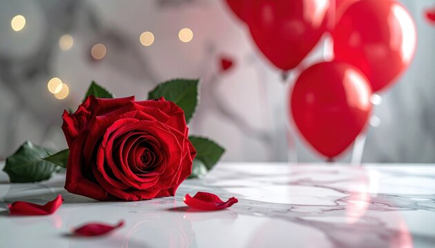 Red rose on marble table with festive balloons, Valentine Day celebration concept
