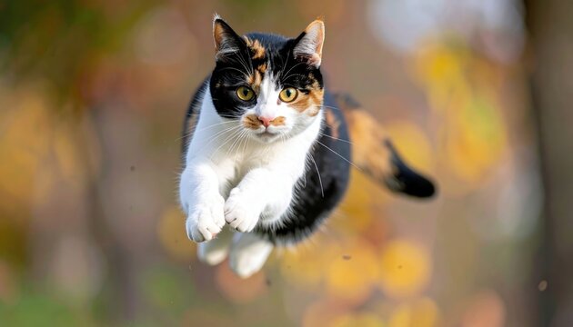 Calico cat captured midair in a dynamic jumping pose, playful domestic pet photography