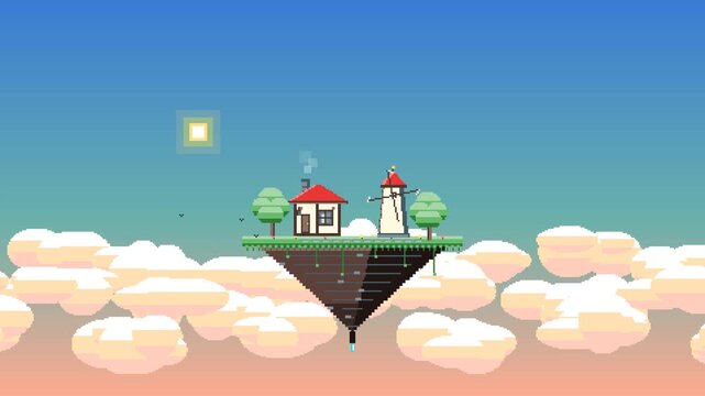 A magical 16-bit pixel art animation of a miniature floating island hovering above a sea of fluffy parallax clouds. Watch this cozy fantasy world come to life with a spinning windmill, flying birds, g