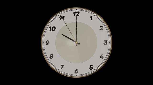 時計の針が9時59分50秒から10時00分10秒まで進む3DCG