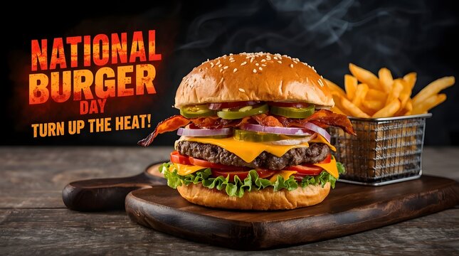 Juicy burger with flame on national burger day