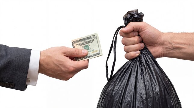 Business person handing twenty dollar bill to another individual holding trash bag on white background