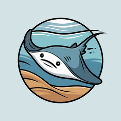 Fototapeta premium Cartoon shark swimming in ocean water.