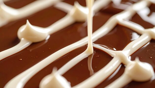 Cream drizzle forming an artistic pattern over rich dessert sauce, close-up food photography