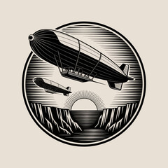 Vintage airship flying over a canyon at sunrise in a circular emblem design. © Nebula