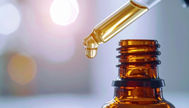 Glass dropper dispensing liquid into amber bottle, laboratory skincare and pharmaceutical packaging concept