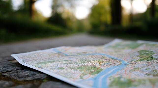 A detailed travel map laid out on a stone surface with a blurred forest background and soft natural lighting