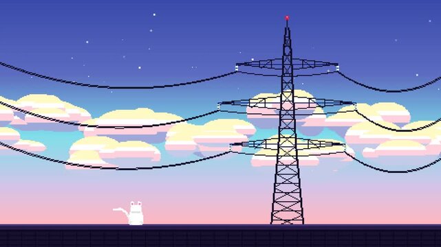 A nostalgic and calming 16-bit pixel art animation featuring a lofi sunset aesthetic. Watch the fluffy pastel anime clouds slowly drift behind giant transmission power lines, accompanied by twinkling 