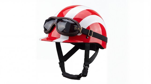 Vintage red and white striped motorcycle helmet with leather goggles presented clearly on white background