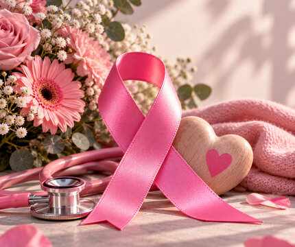 Ruban rose et st&eacute;thoscope, symbole de sensibilisation au cancer du sein