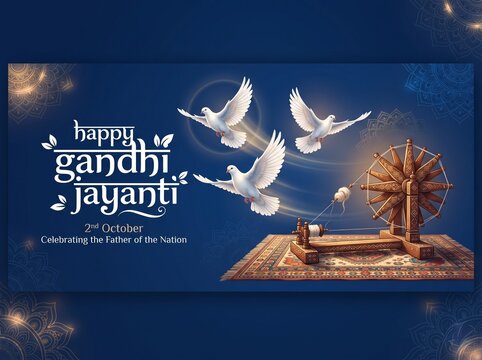 Happy Gandhi Jayanti blue banner with spinning wheel charkha and white flying peace pigeons