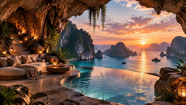 Luxury cave villa with infinity pool, tropical island sunset over ocean bay, exotic coastal retreat with lounge seating and lanterns