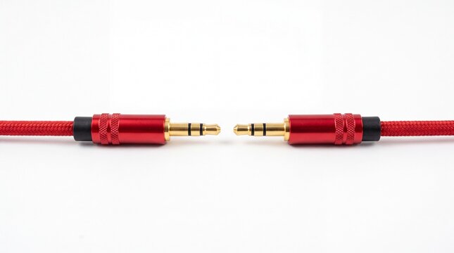 Red braided auxiliary audio cables with polished gold connectors positioned horizontally facing each other on white background
