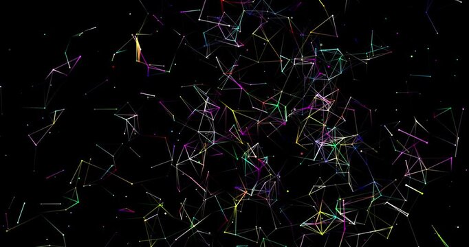 A colorful close up web of interconnected nodes spins with variable speed on black. Rainbow tinted geometric lines form an expanding glowing plexus matrix.