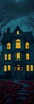Haunted house with glowing windows and creepy trees, house, halloween