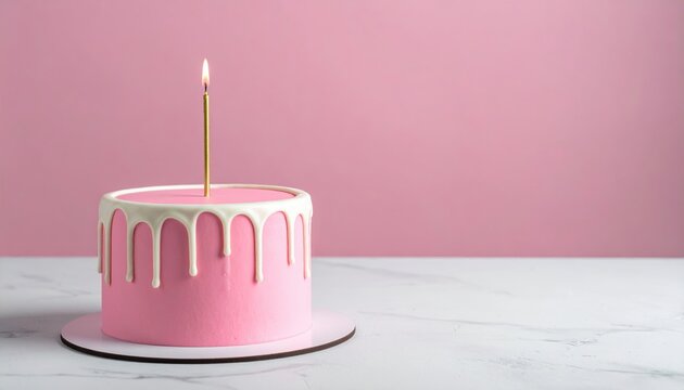 Minimalist pink fondant cake with white trim and single golden candle, modern celebration