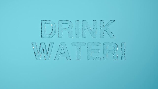 Clear water and bubbles form a bold Drink Water message against a fresh blue background, promoting hydration, wellness, healthy habits, and daily self-care.